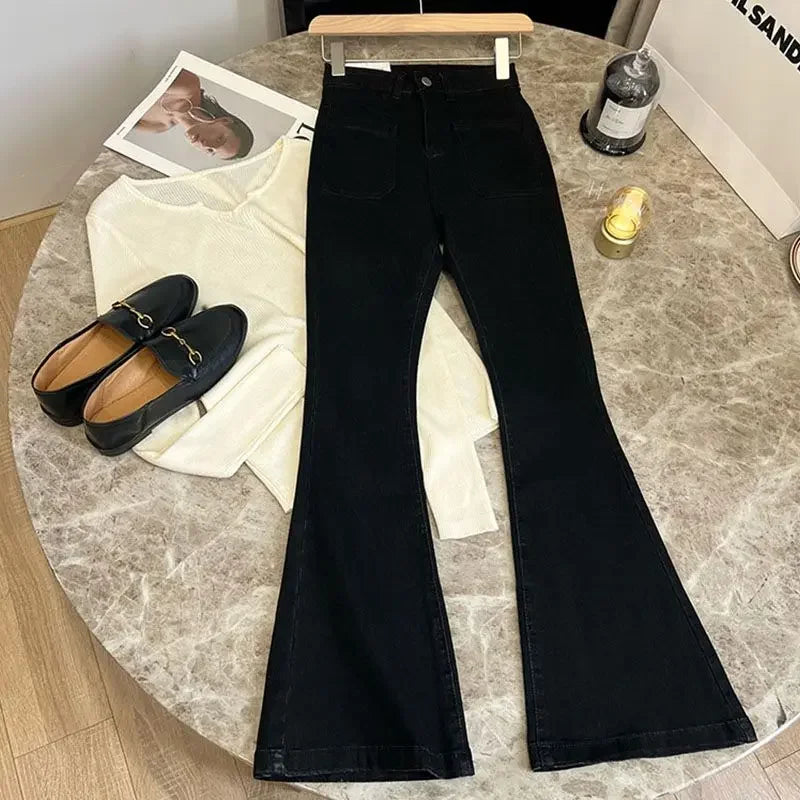 ZMZBCH High Waist Trousers Loose Washed Jeans Pockets Slim Denim Flare Classic Women Vintage Stretch Straight Trousers All-match