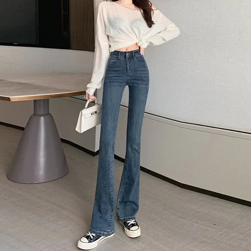 Slimming Straight-Leg Denim Jeans Women's Autumn/Winter Petite Blue Grey High Elasticity Micro Flare Shaping Smooth Silhouette