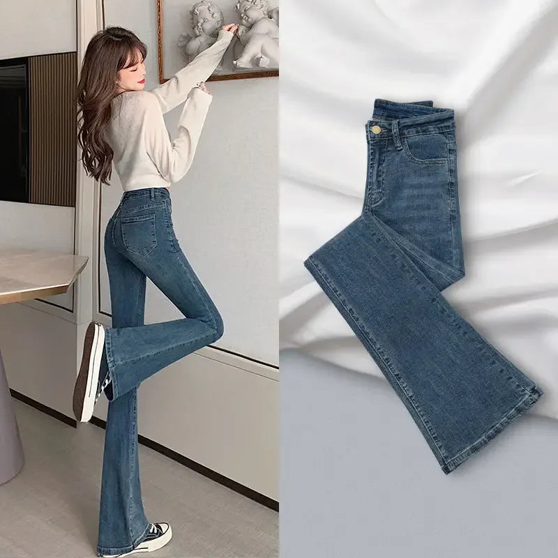 Slimming Straight-Leg Denim Jeans Women's Autumn/Winter Petite Blue Grey High Elasticity Micro Flare Shaping Smooth Silhouette