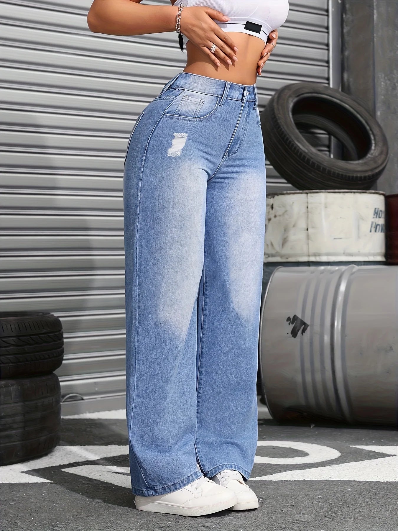 Women's High-Waist Elastic Zipper Casual Jeans Torn Straight Leg Wide Pants Medium Stretch Cotton Blend Four-Season Neutral Loos