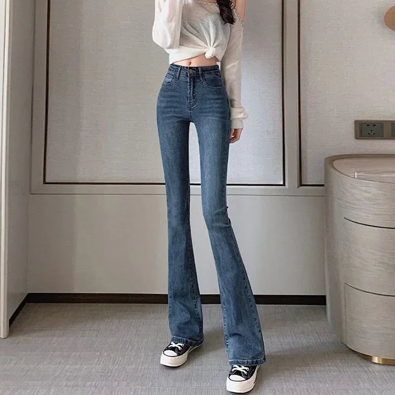 Slimming Straight-Leg Denim Jeans Women's Autumn/Winter Petite Blue Grey High Elasticity Micro Flare Shaping Smooth Silhouette